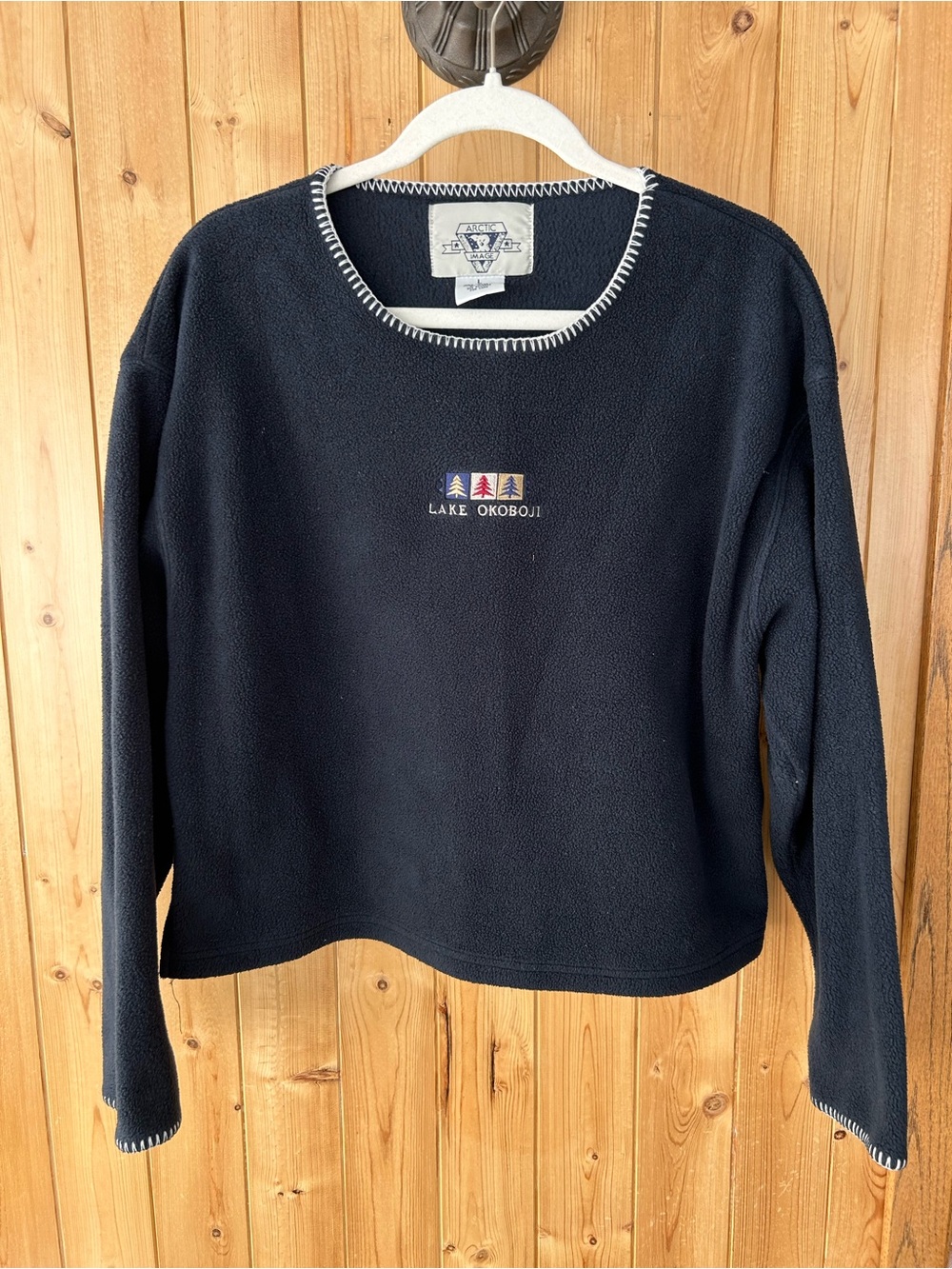 Women’s Arctic Image Fleece Crewneck Sweater Navy Blue Lake Okoboji Size Large